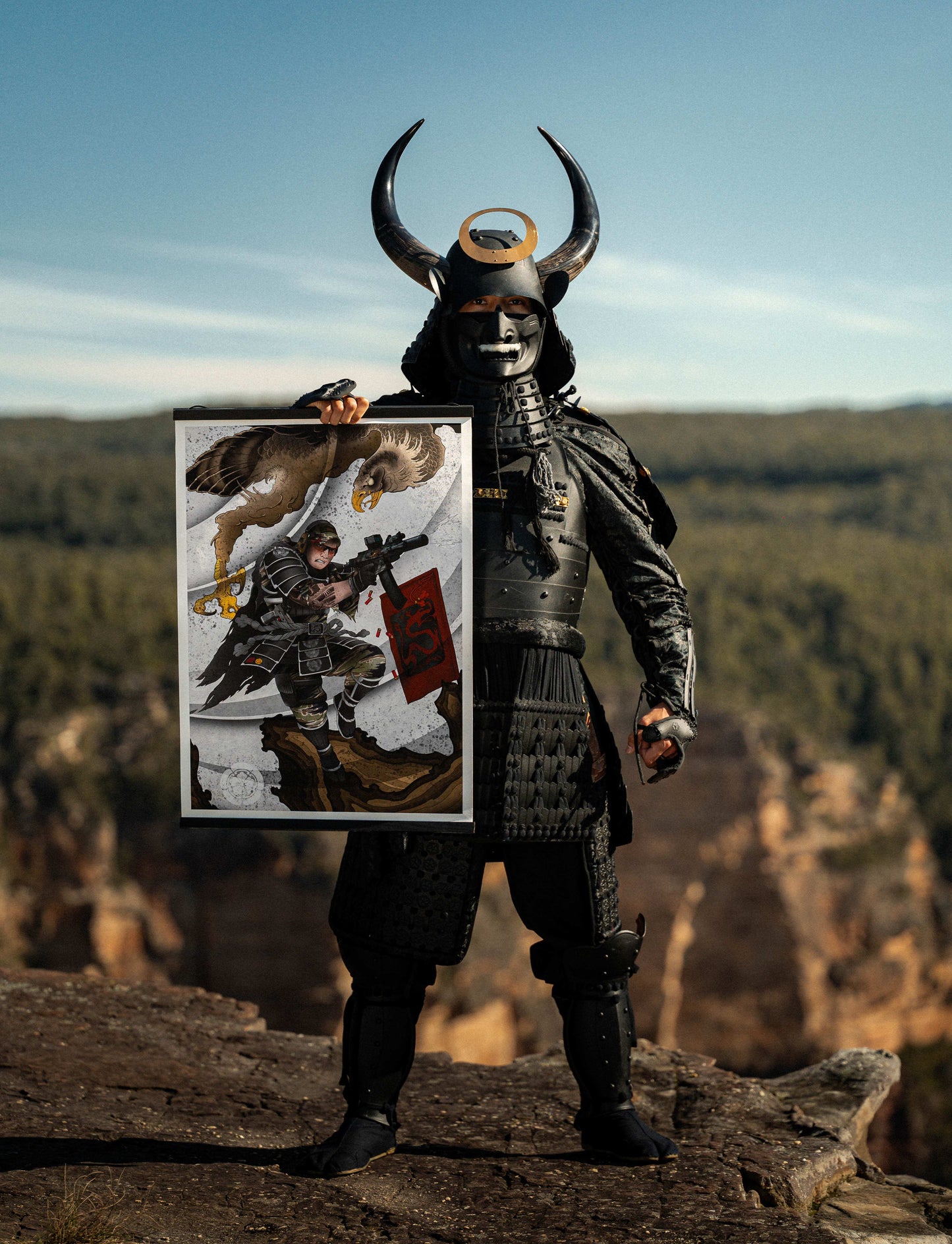 Strictly x Ronin samurai holding Wind Painting featuring ronin with rifle and falcon spirit guide in dynamic pose