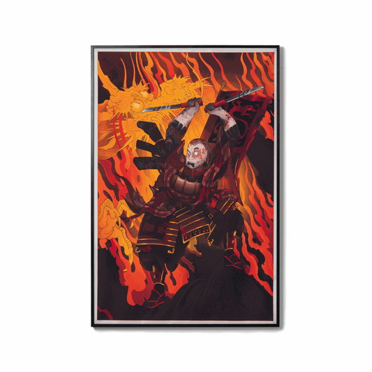 Fire Painting artwork of a warrior holding katana and firearm engulfed in stylized flames and dragon.