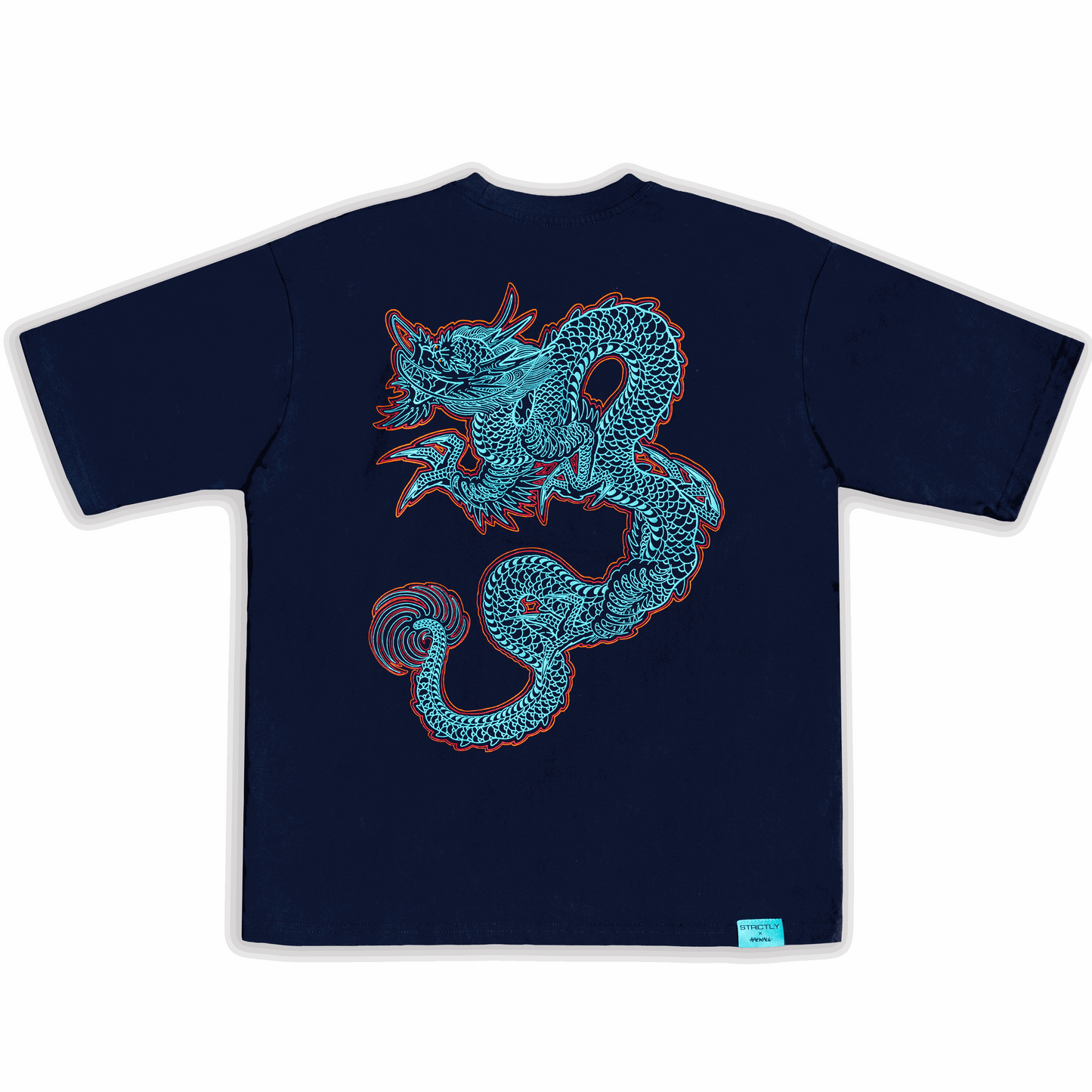 Navy Haewall x Dragon oversize tee with detailed blue and red dragon graphic on the back.