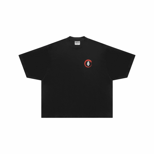 Black Five Elements Tee with red symbols representing fire, water, earth, wind, and void on the back