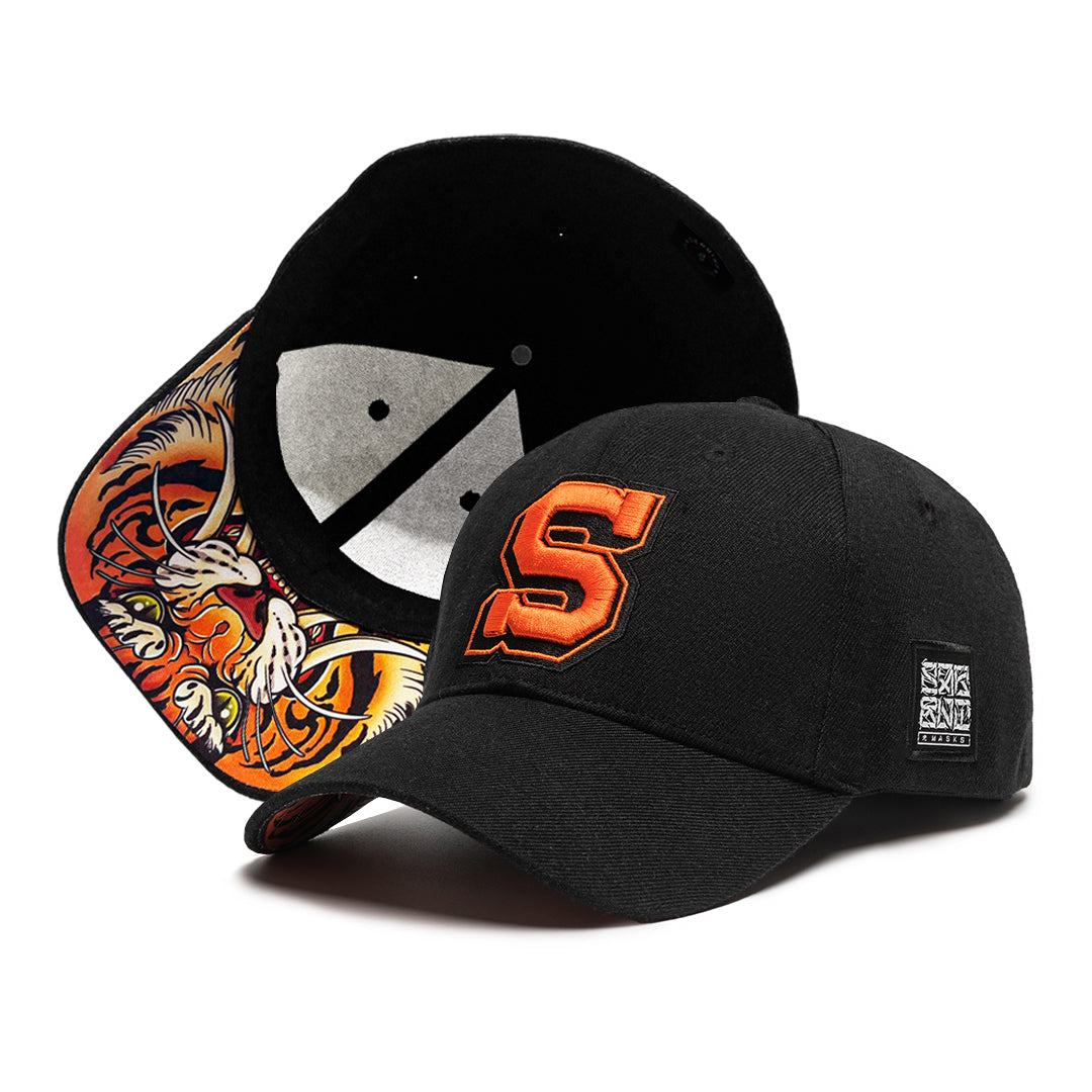 Black Tiger Flexifit Baseball Cap with orange embroidered "S" logo and custom tiger design under brim
