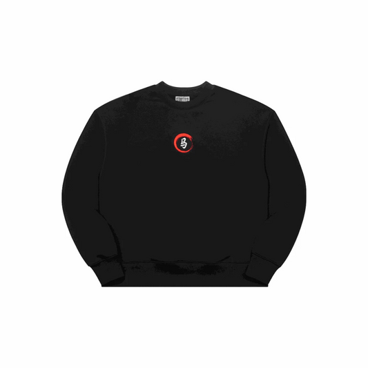 Black Five Elements Sweater with red elemental symbols and Japanese calligraphy on the back
