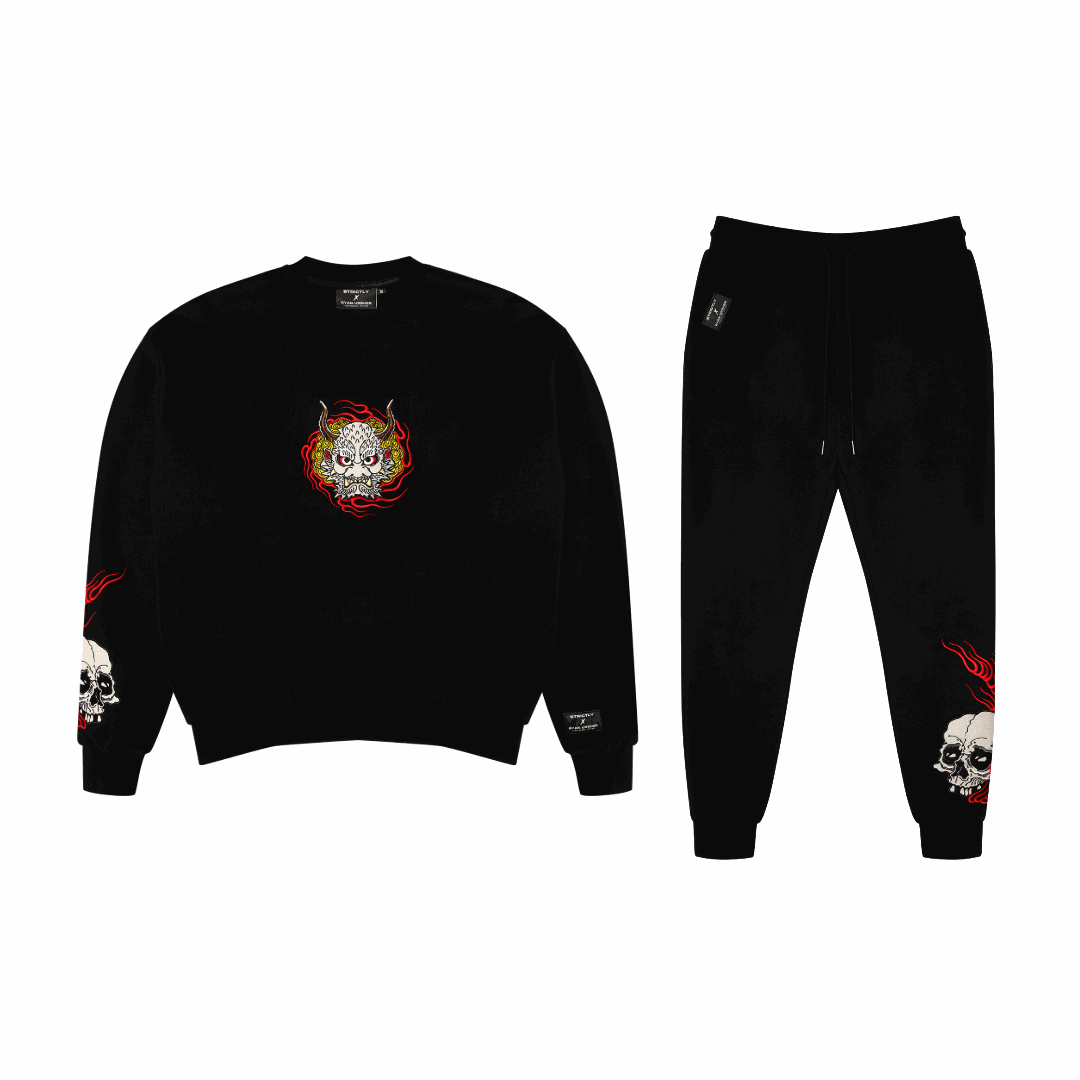 Black Jigoku Hell Set with fiery skull oni designs on sweatshirt and joggers by Ryan Ussher