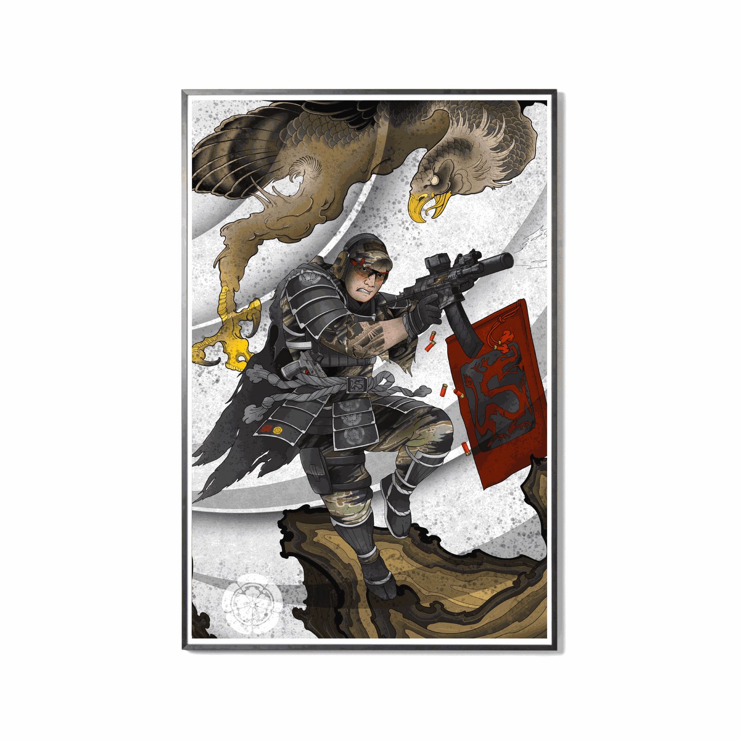 Strictly x Ronin art print depicting a soldier mid-strike with a rifle, a falcon spirit guide soaring overhead, and dynamic wind elements.