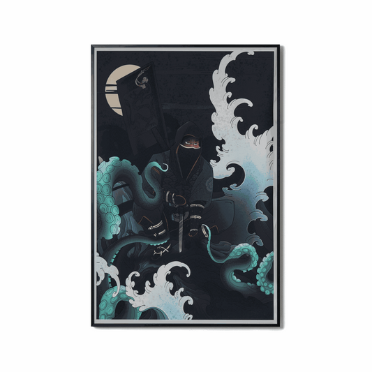 Water Painting artwork featuring a calm ronin warrior with katana amidst dynamic ocean waves and tentacles, symbolizing adaptability and strength.