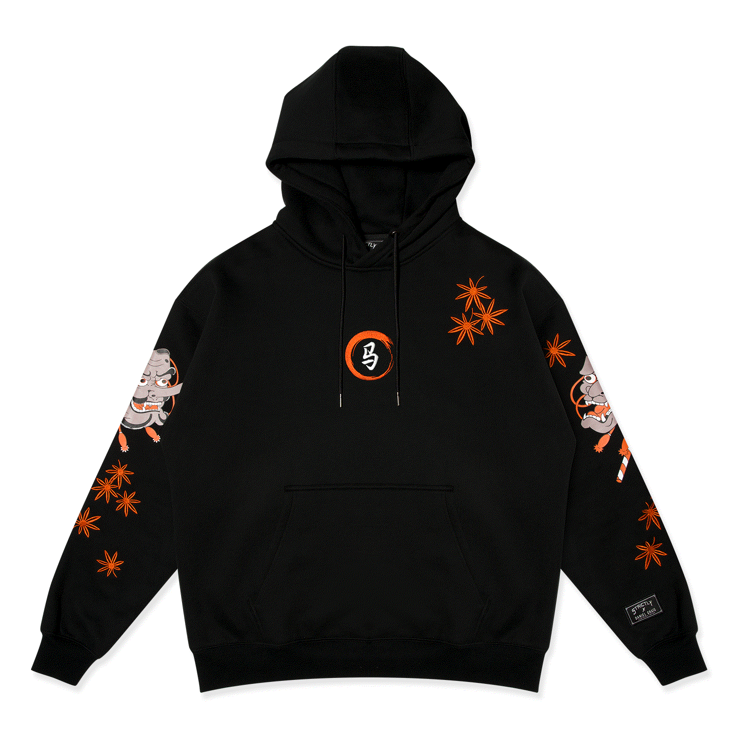 Black Tatakai 'Battle' Hoodie with orange maple leaf embroidery, Hannya and Tengu arm prints, oversized drop-shoulder design, and front logo embroidery.