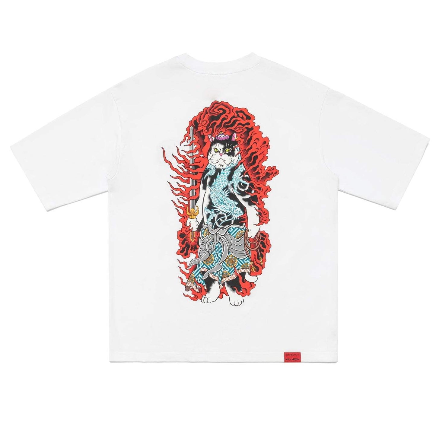 White oversize tee featuring Monmon Cat x Fudo Myoo Japanese tattoo style graphic on the back