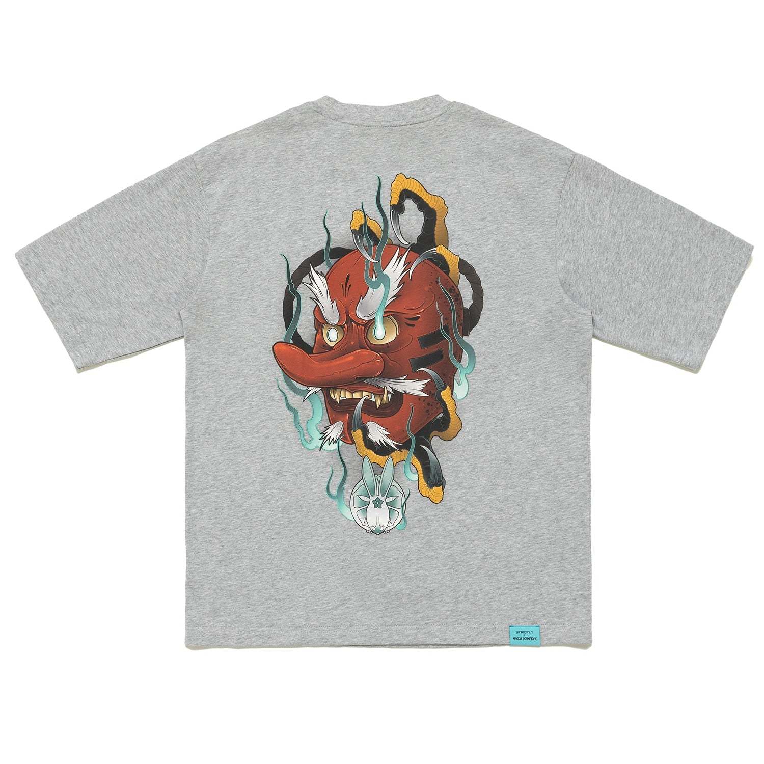 Gray oversize tee featuring Tengu x Dragon Claw Japanese tattoo style artwork on back by Marco Schneider