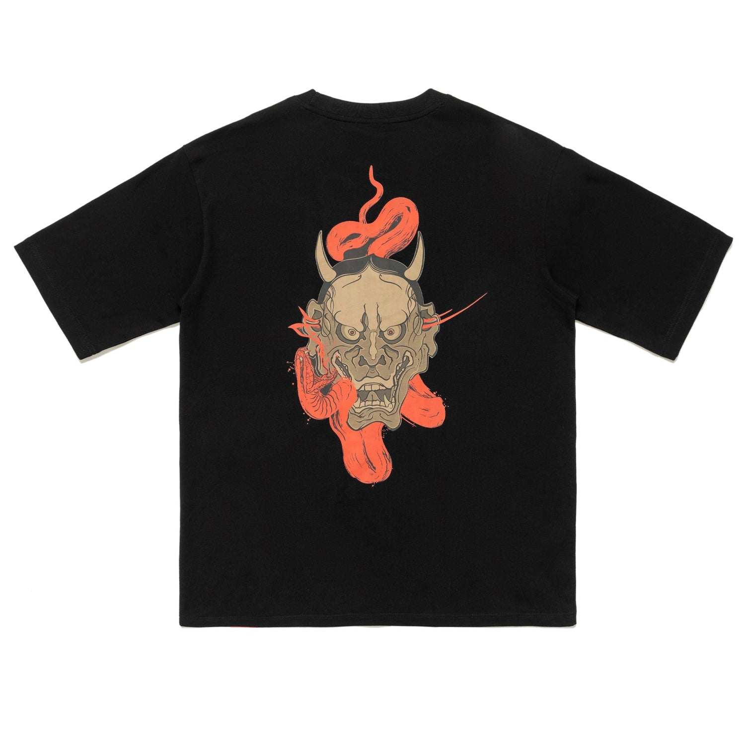 Black oversized tee featuring a Japanese Hannya mask with a red snake design on the back.