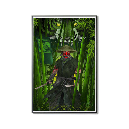 Earth Painting of a grounded ronin warrior with dual katanas in a dense bamboo forest with a large tiger face in the background