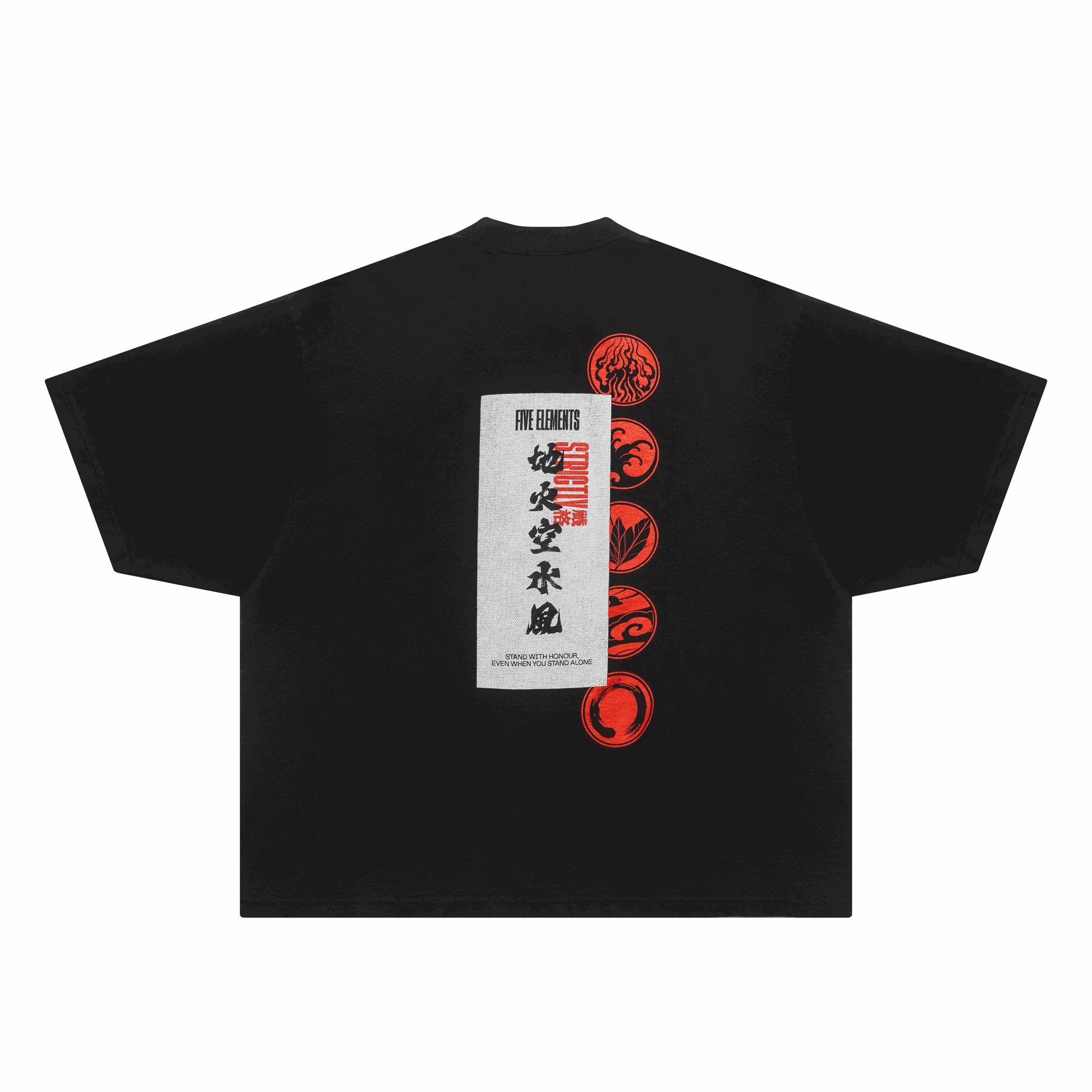 Black Five Elements Tee with red symbols representing fire, water, earth, wind, and void on the back