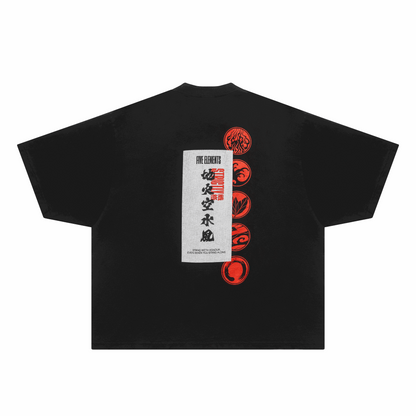 Black Five Elements Tee with red symbols representing fire, water, earth, wind, and void on the back
