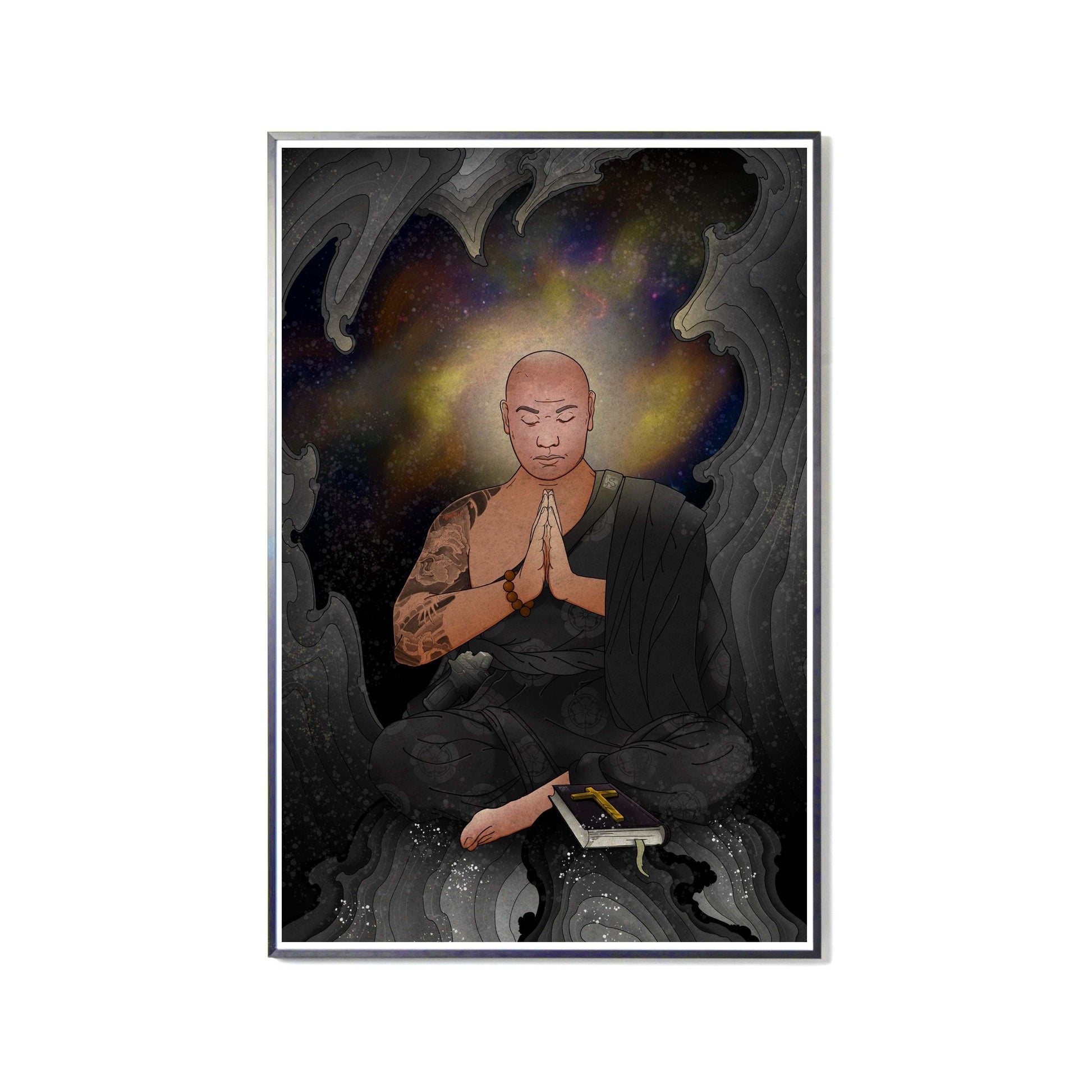 Void 空 painting of a meditating warrior embodying clarity, mastery, and wisdom amidst a cosmic background