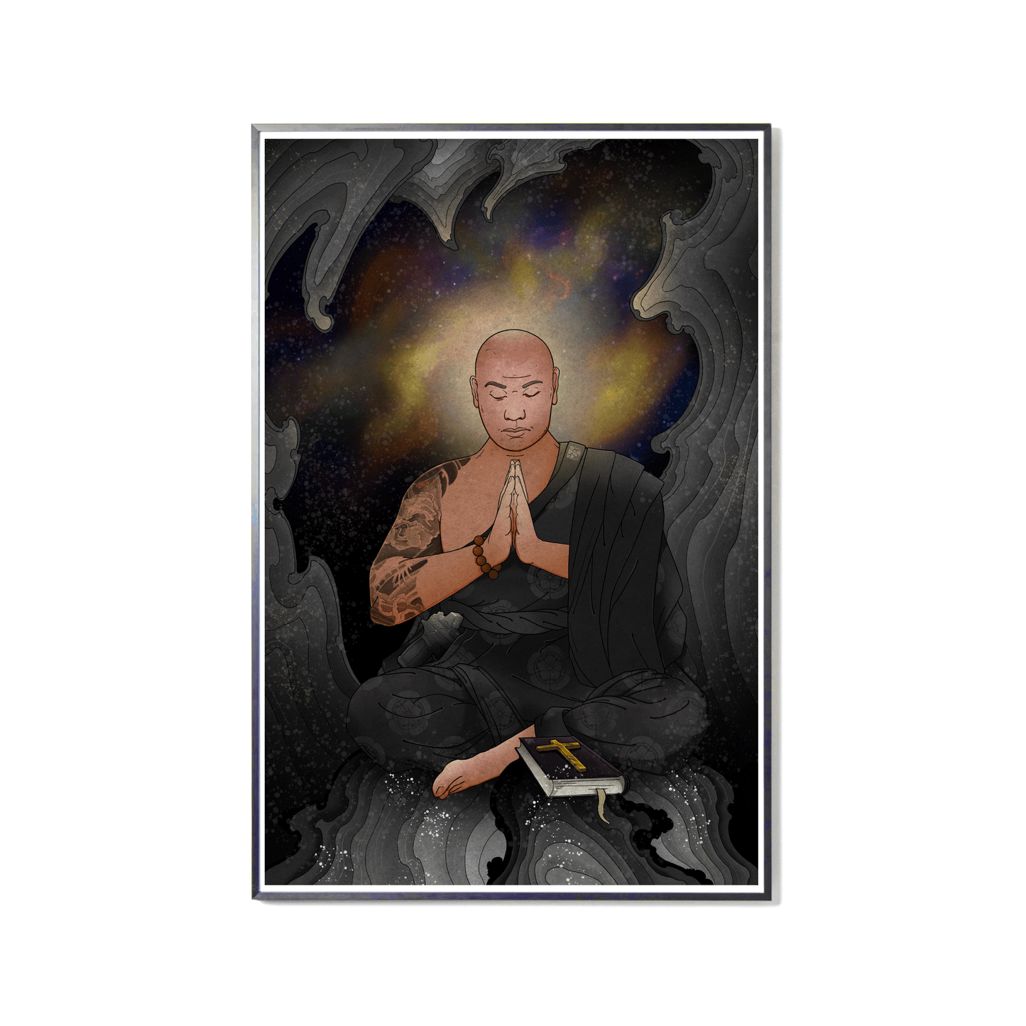 Void Painting depicting a meditating warrior surrounded by cosmic void and swirling shadows symbolizing clarity and mastery