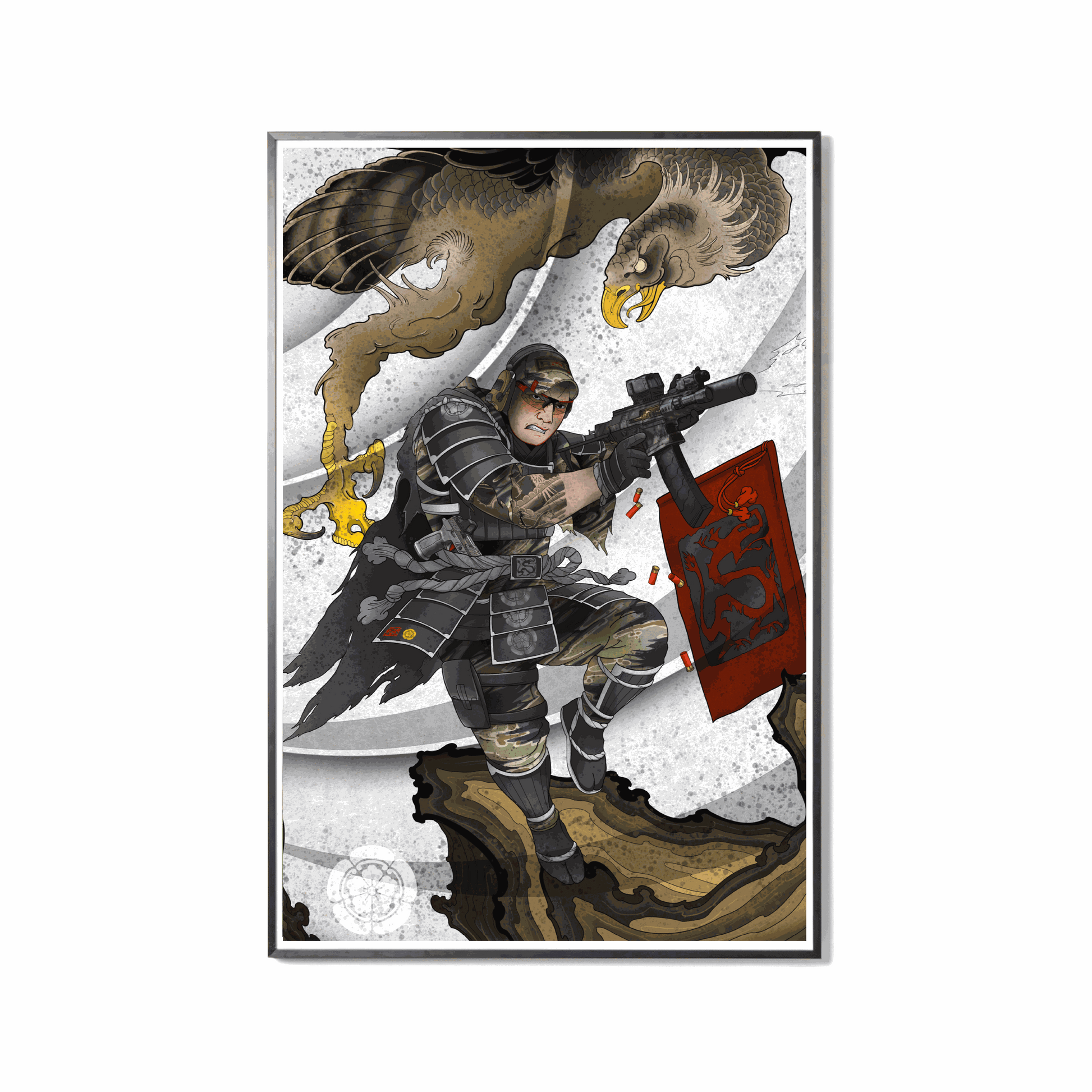 Strictly x Ronin art print depicting a soldier mid-strike with a rifle, a falcon spirit guide soaring overhead, and dynamic wind elements.
