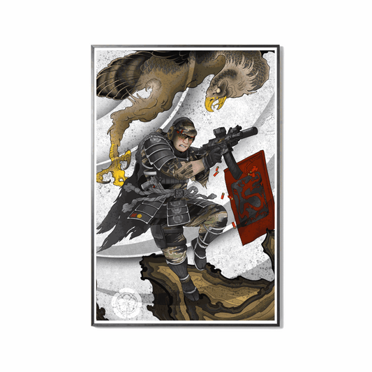 Strictly x Ronin art print depicting a soldier mid-strike with a rifle, a falcon spirit guide soaring overhead, and dynamic wind elements.