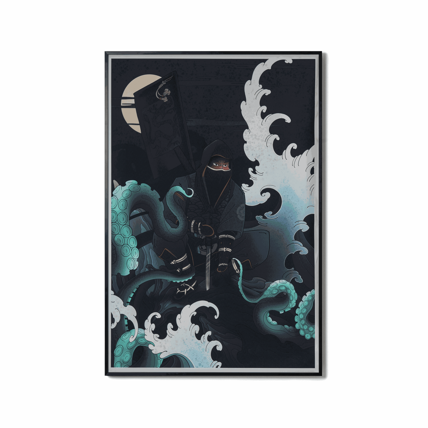 Water Painting artwork featuring a warrior with katana surrounded by waves and octopus tentacles symbolizing adaptability and strength.