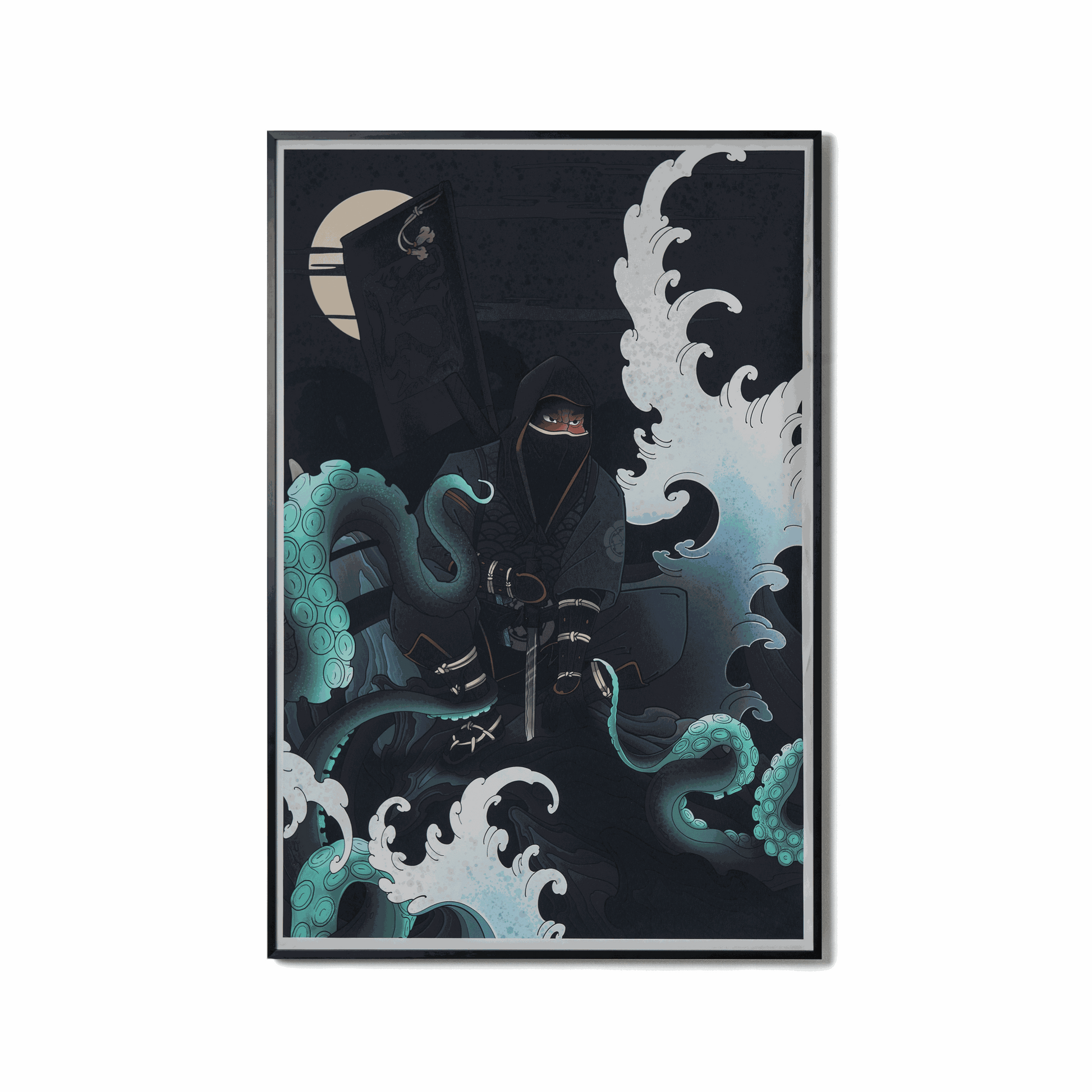 Water Painting artwork featuring a warrior with katana surrounded by waves and octopus tentacles symbolizing adaptability and strength.