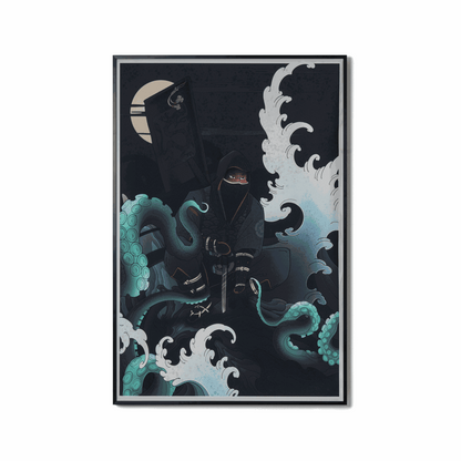 Water Painting artwork featuring a warrior with katana surrounded by waves and octopus tentacles symbolizing adaptability and strength.