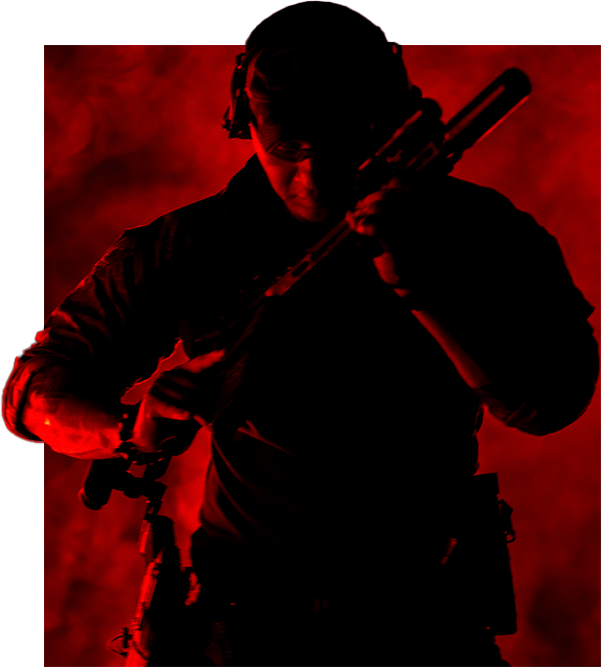 Silhouette of a person holding a rifle against a red background